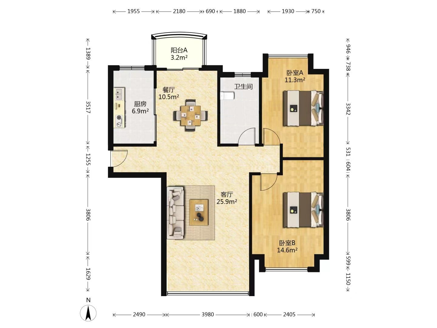 中南世纪花城一期 2室2厅1卫 114.00m&sup2;