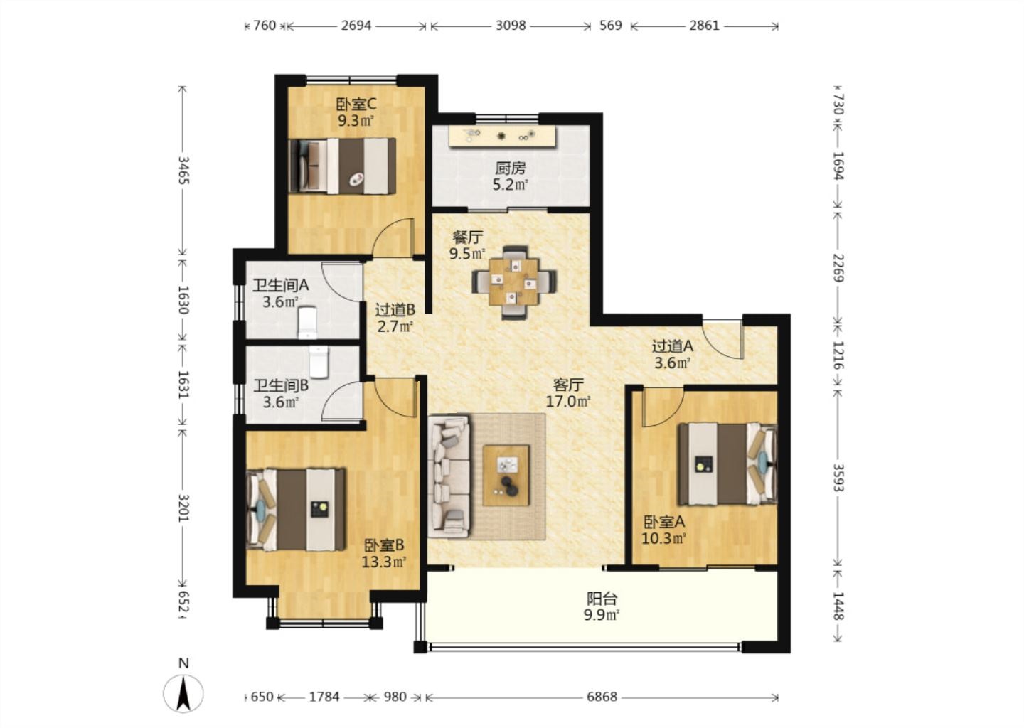 都会沁园 3室2厅1卫 126.00m&sup2;