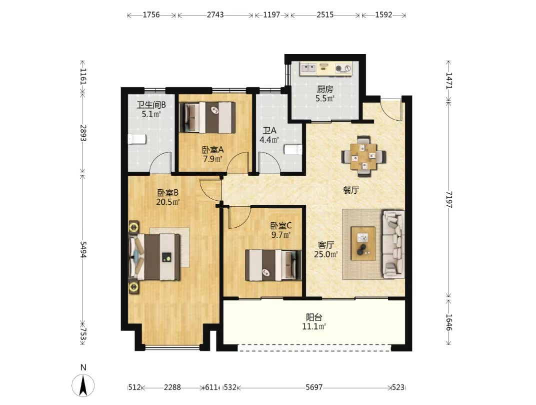 南通金鹰世界&middot;尚府 3室2厅2卫 118m&sup2;