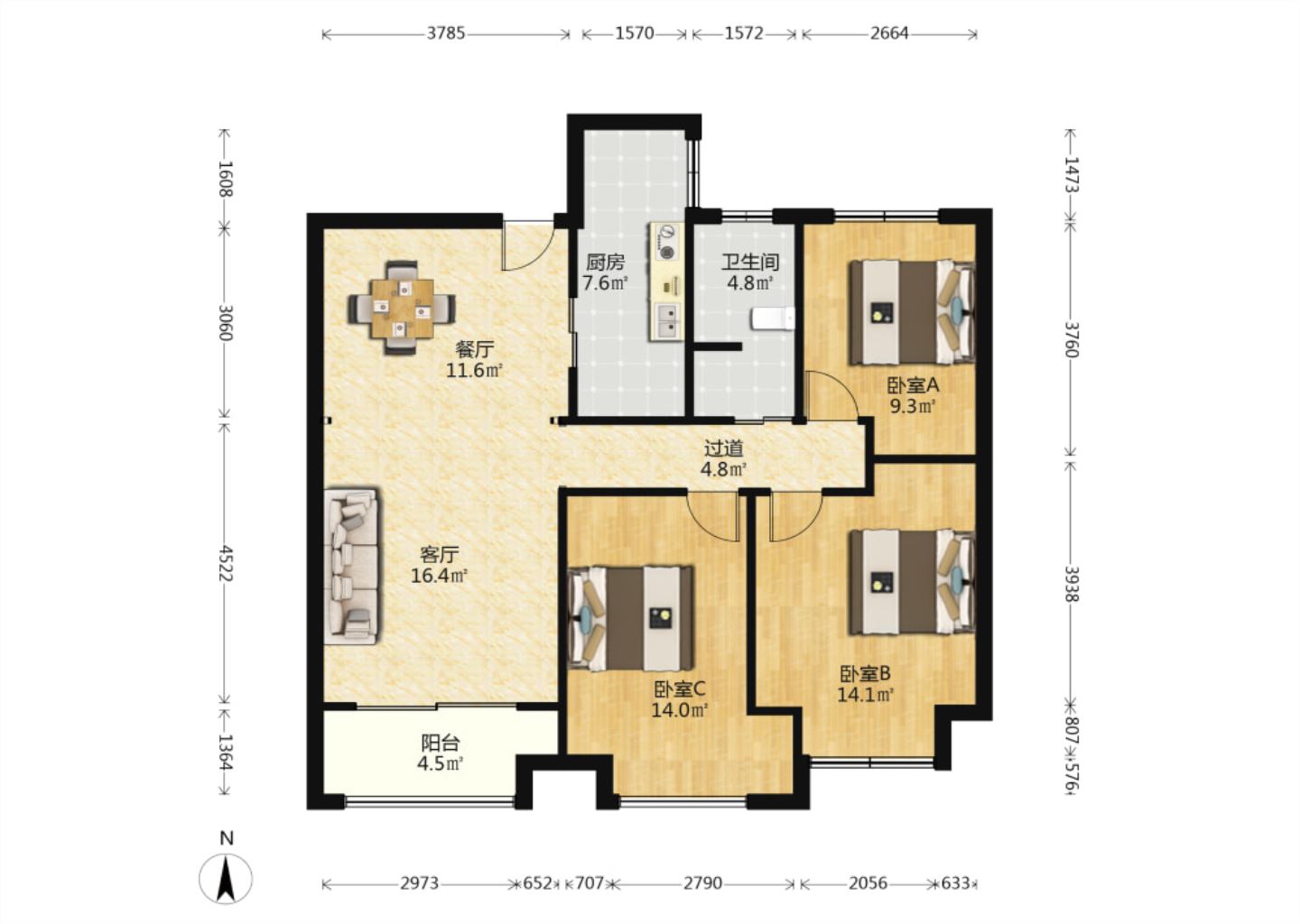 万达华府 3室2厅1卫 106.87m&sup2;