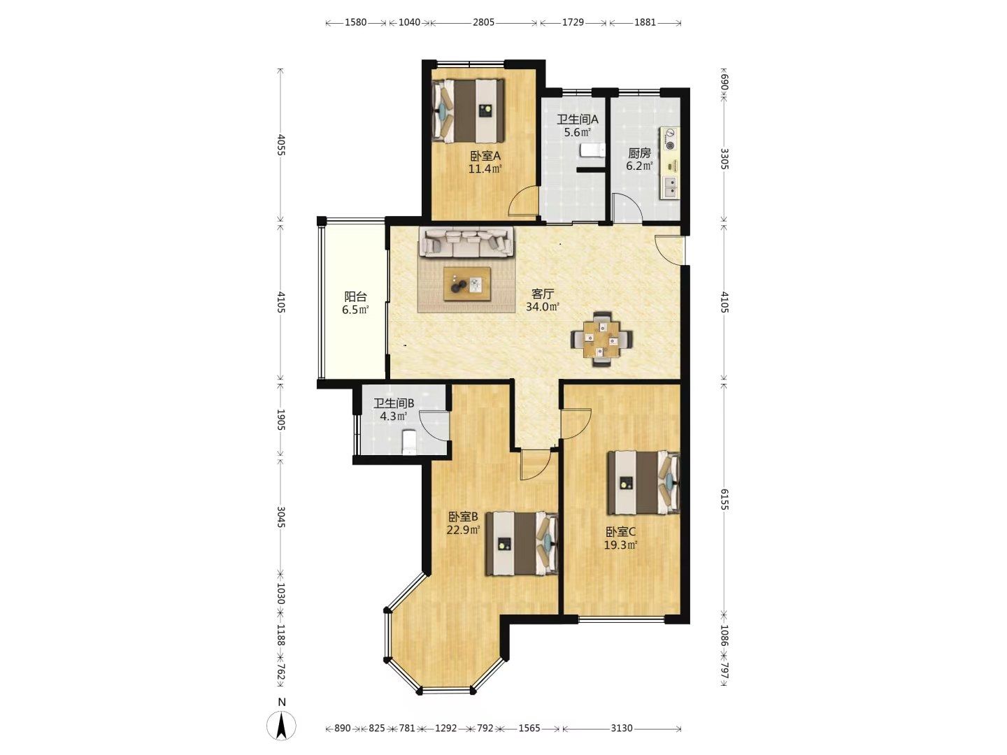 中南世纪花城二期 3室2厅2卫 140.57m²