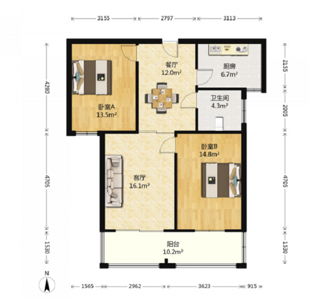 颐景苑 2室1厅1卫 97.95m&sup2;