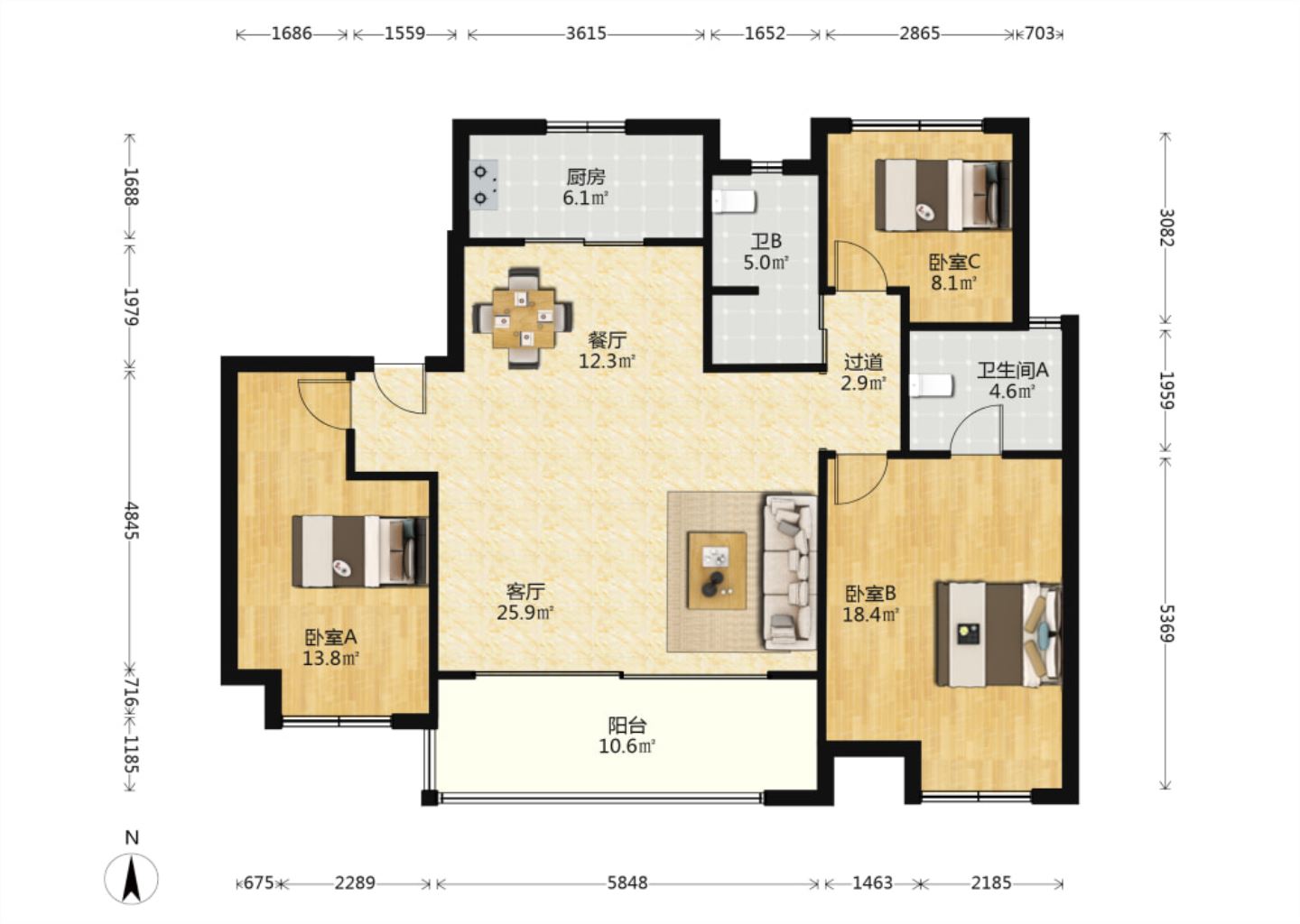 万科翡翠东第 3室2厅2卫 131.51m&sup2;