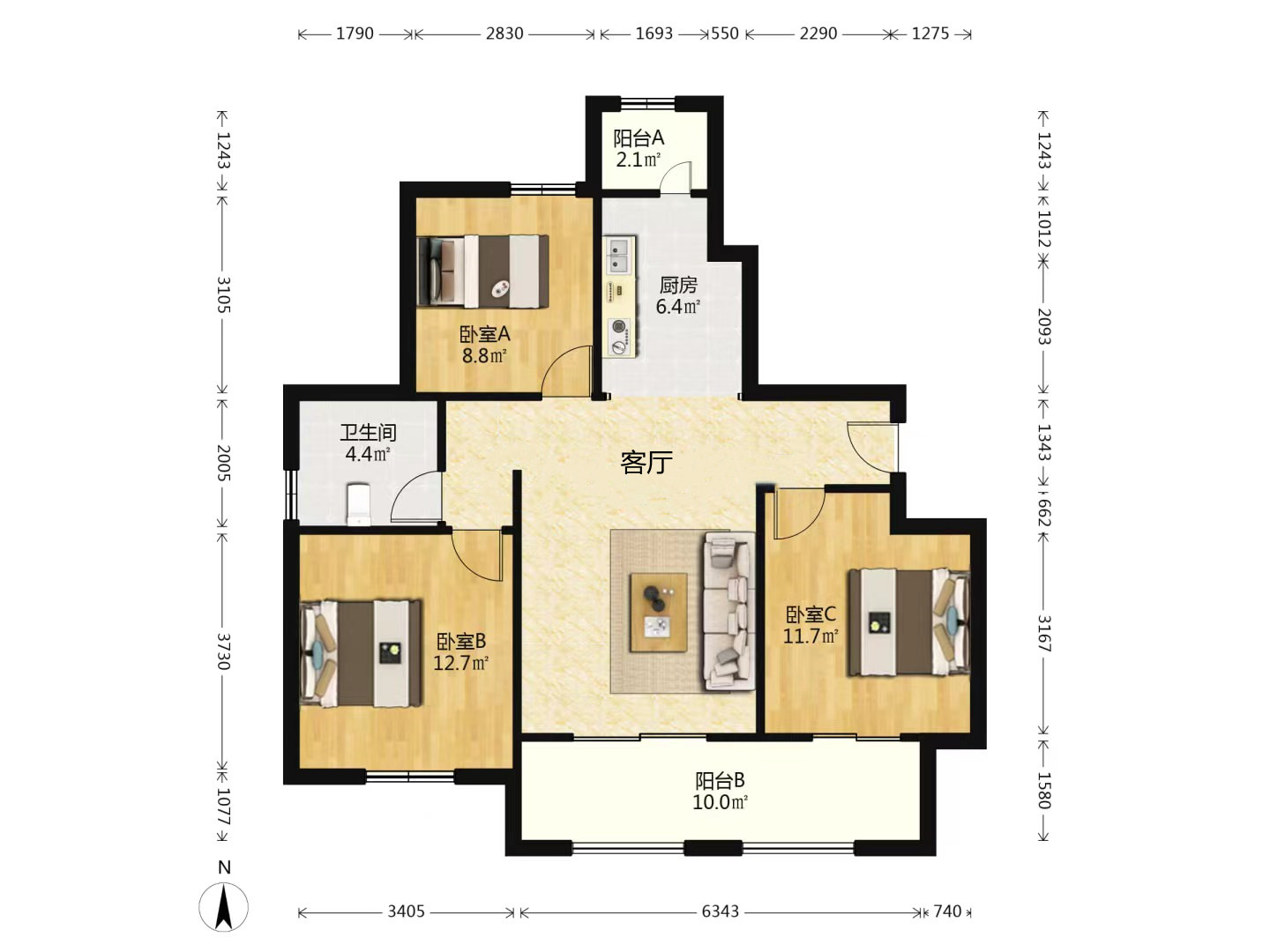 沙家圩花苑 3室2厅1卫 112m&sup2;