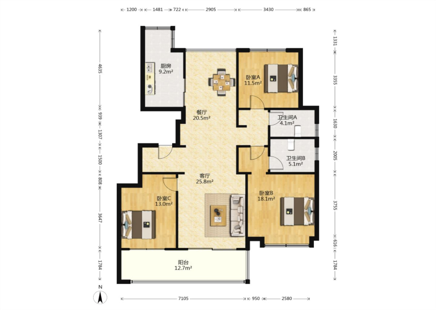 万濠山庄 3室2厅2卫 143m&sup2;