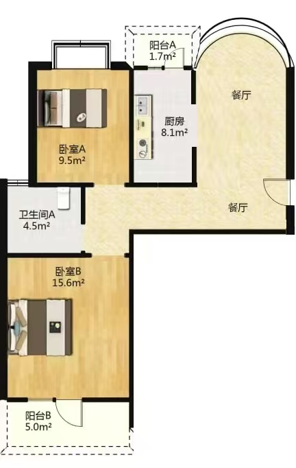 军山花园 1室2厅1卫 77.6m²