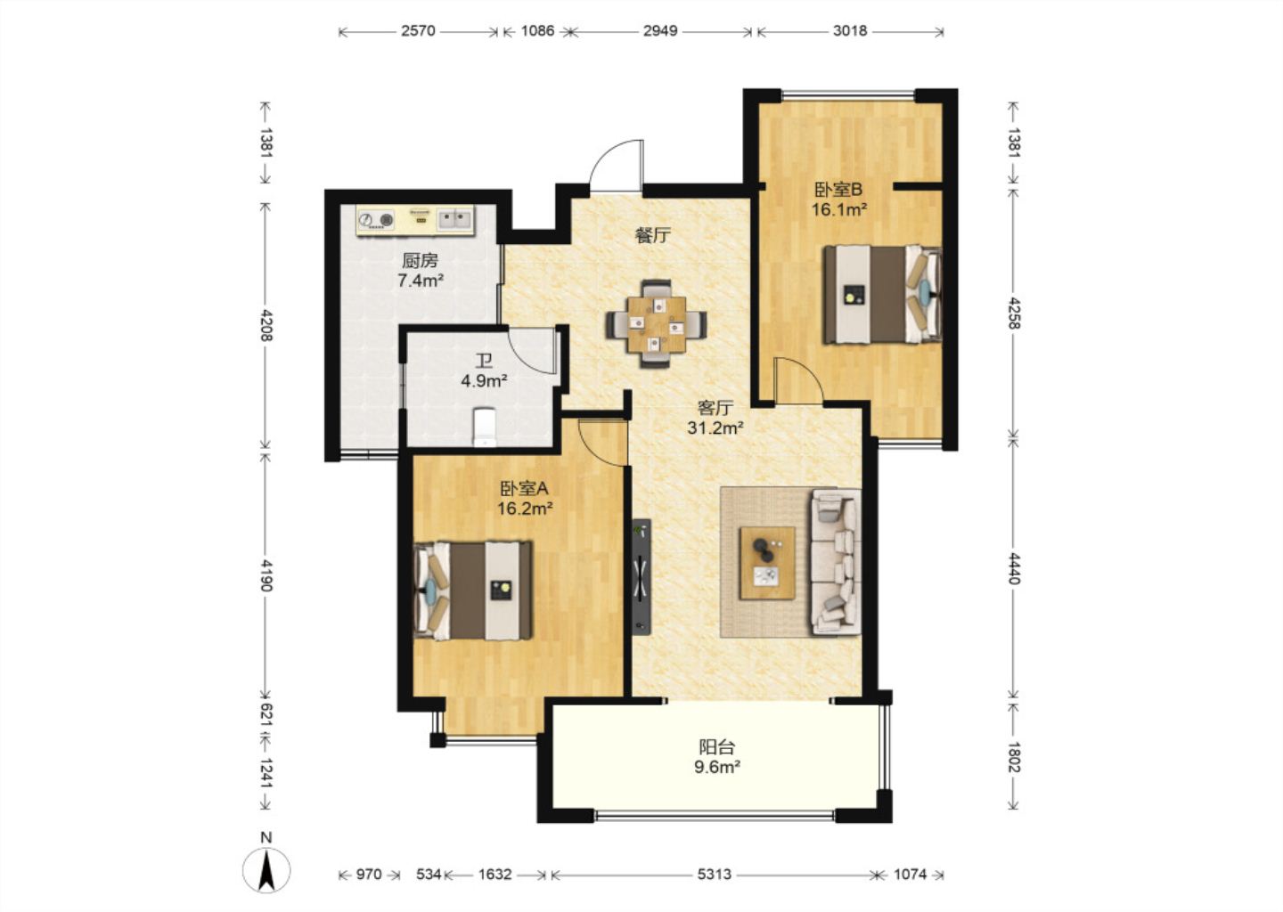 帝奥北城名郡 2室2厅1卫 96m²