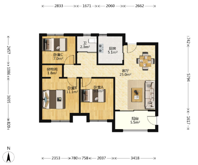新城香溢紫郡 3室2厅1卫 88m²