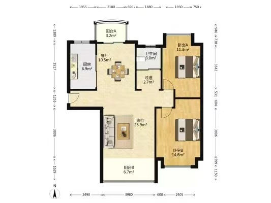 中南世纪花城 2室2厅1卫 115m&sup2;