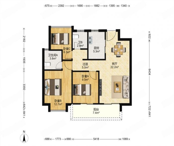 雍华府 3室2厅1卫 99.01m&sup2;