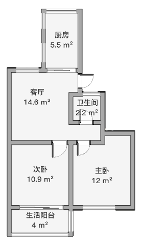 白家园 2室1厅1卫 61m&sup2;