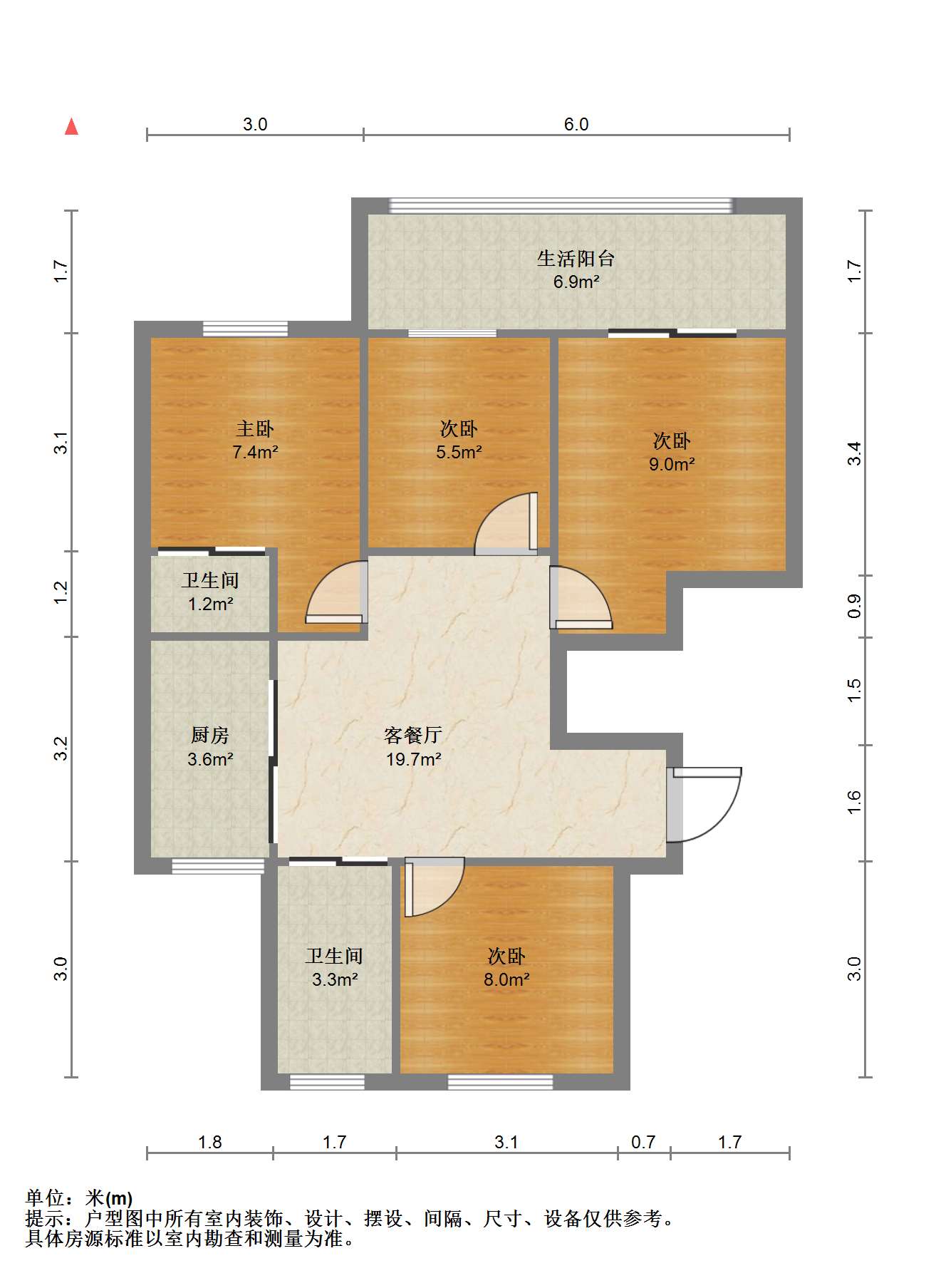 锦安花园一期 3室2厅2卫 127m&sup2;