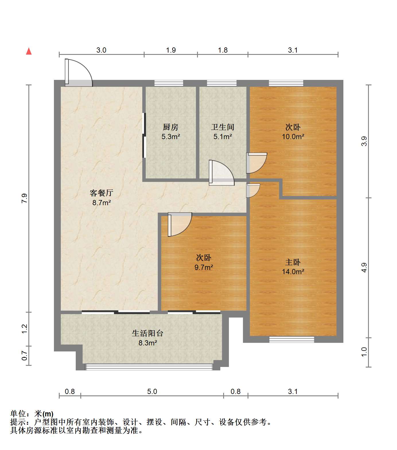 华悦铭苑 3室2厅1卫 96m&sup2;