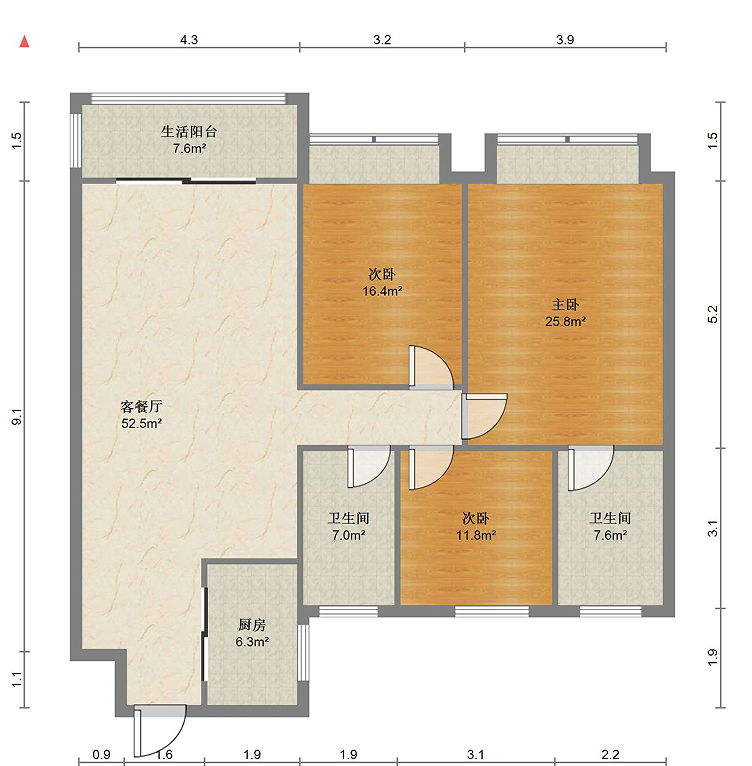 富力院士廷 3室2厅2卫 108m&sup2;