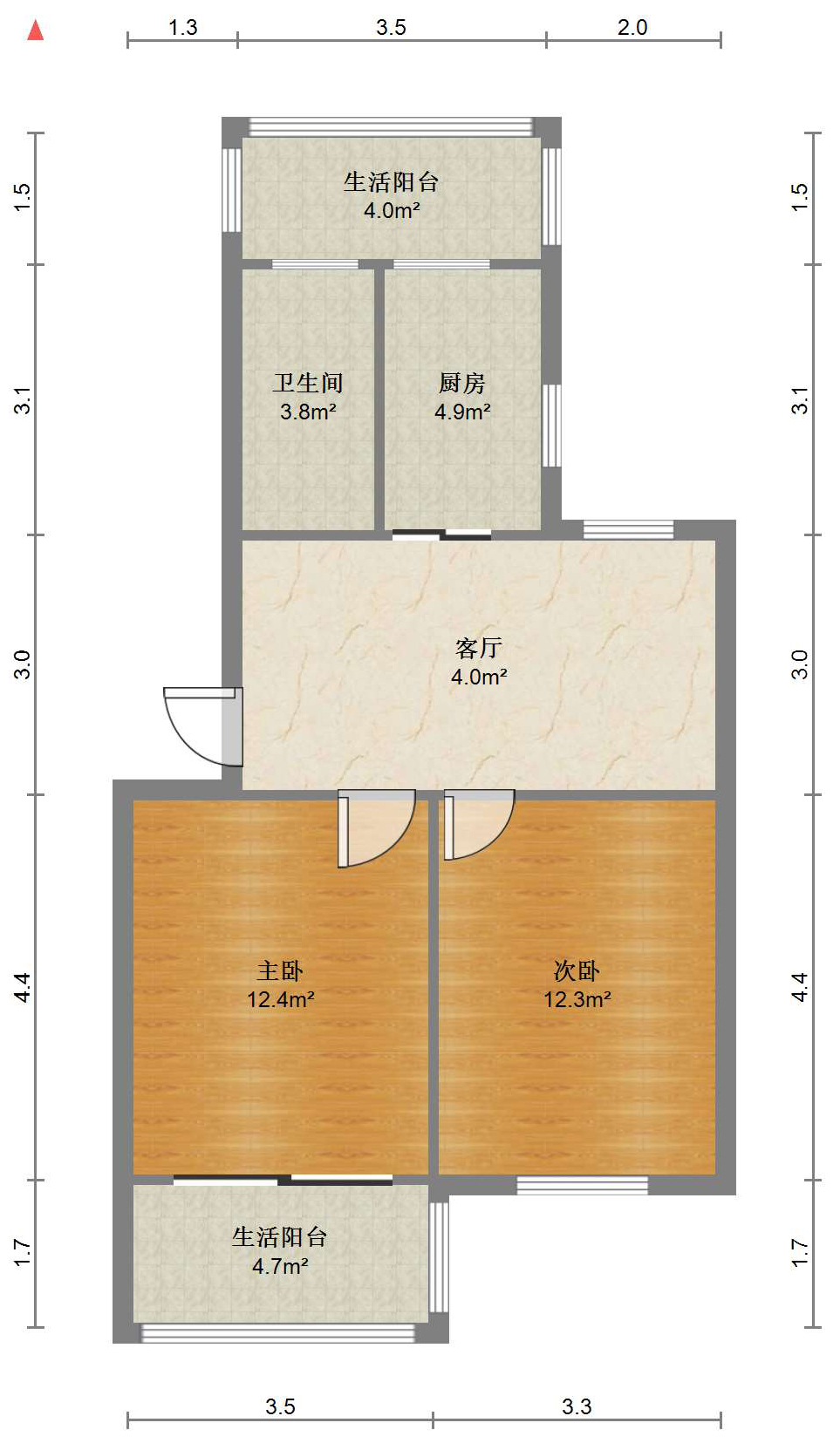 郭里园 2室1厅1卫 67m&sup2;