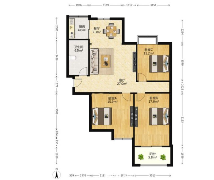 龙潭福里 3室2厅1卫 112m&sup2;