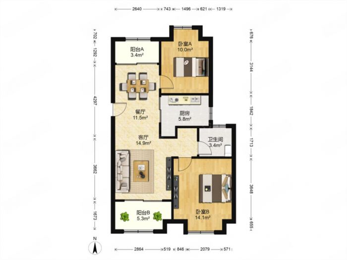 新城香溢紫郡 2室2厅1卫 87.8m&sup2;
