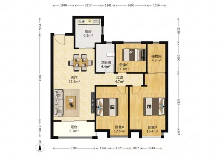 华润悦锦湾 3室2厅2卫 118m²