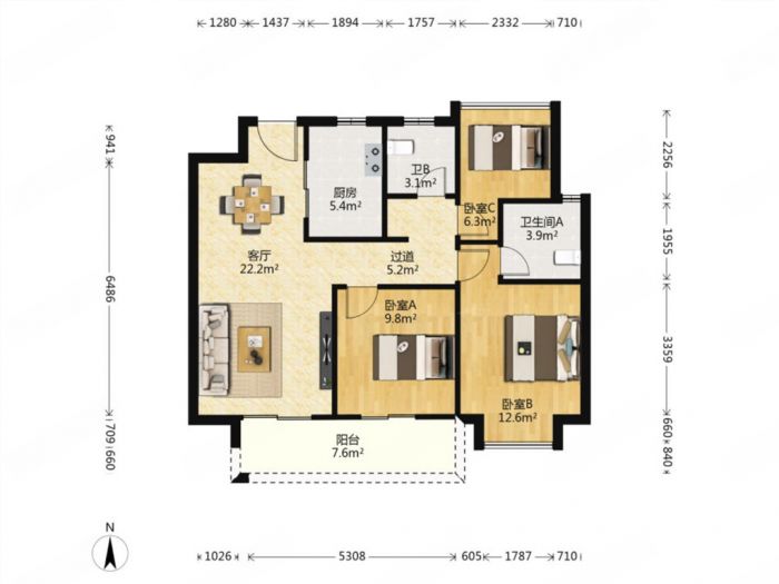 雍华府 3室1厅1卫 99m&sup2;