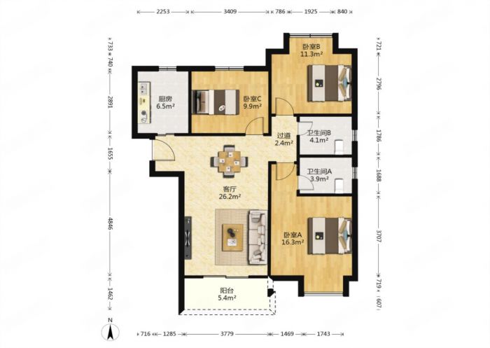 中海碧林湾 3室2厅2卫 113.5m&sup2;