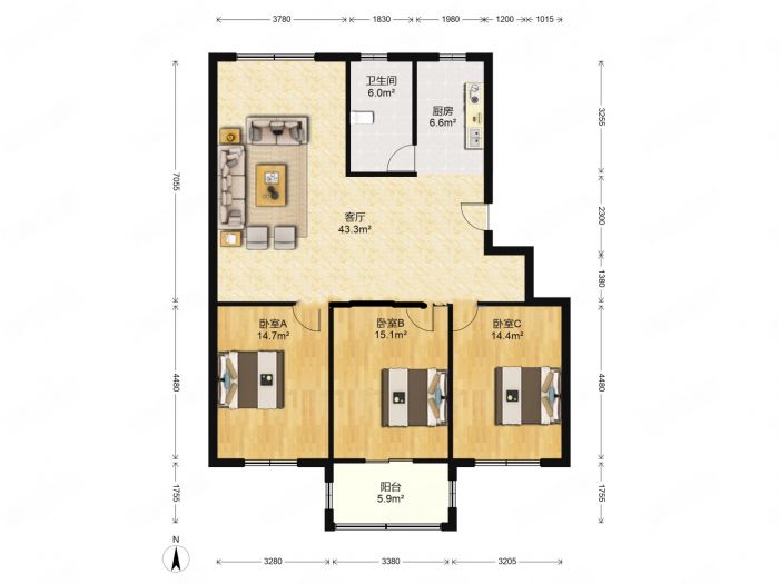 五山家园 3室2厅1卫 117m&sup2;