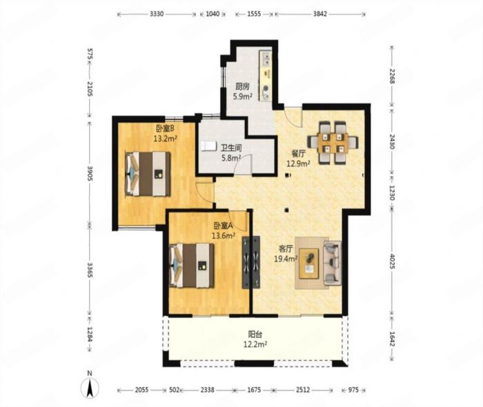 盛和花半里 2室2厅1卫 103m&sup2;
