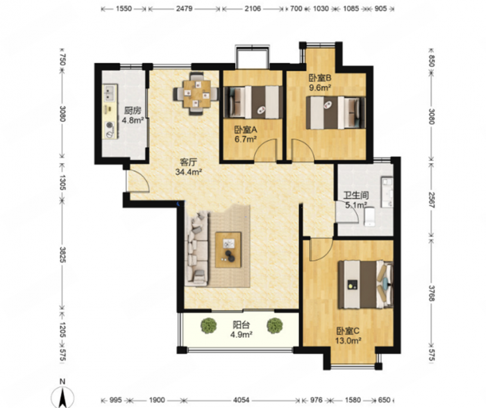 炜赋星湖邻里 3室2厅1卫 99.13m&sup2;