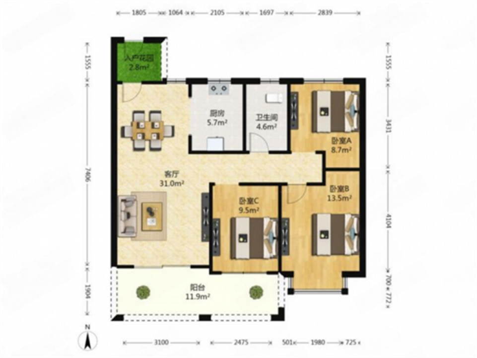 华强城 3室2厅1卫 108.00m&sup2;