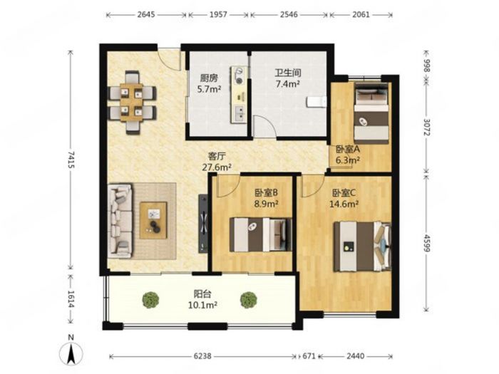 五洲御锦城 3室1厅1卫 93.5m&sup2;