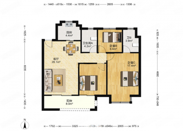 绿地新里城 3室2厅2卫 115m&sup2;