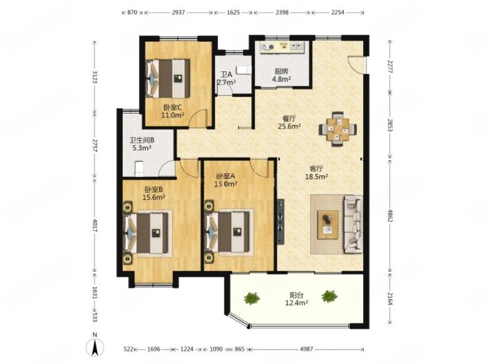 绿地新都会 3室2厅1卫 130m&sup2;
