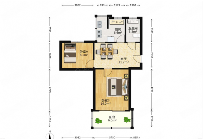 白家园 2室1厅1卫 59.50m&sup2;
