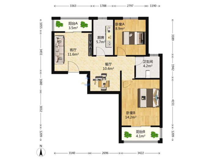 高迪晶城 2室2厅1卫 92.89m&sup2;