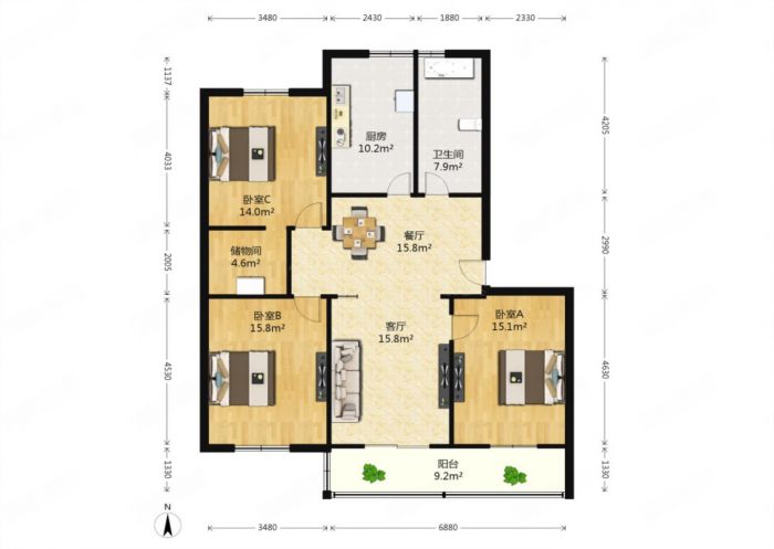 越江新村 3室2厅1卫 124.88m&sup2;