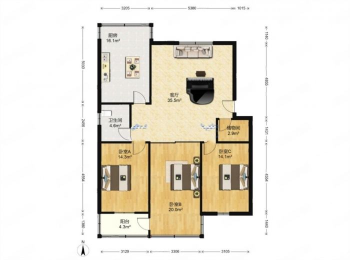 三喜花苑 3室2厅1卫 132m&sup2;