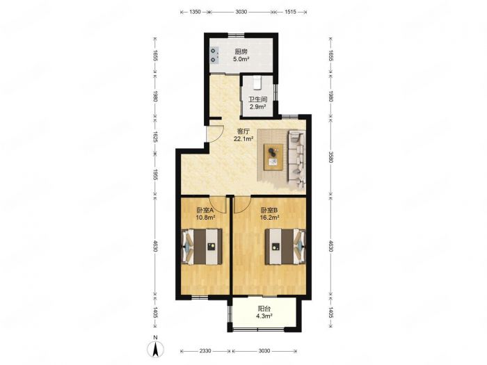 民心花园 2室1厅1卫 69.94m&sup2;