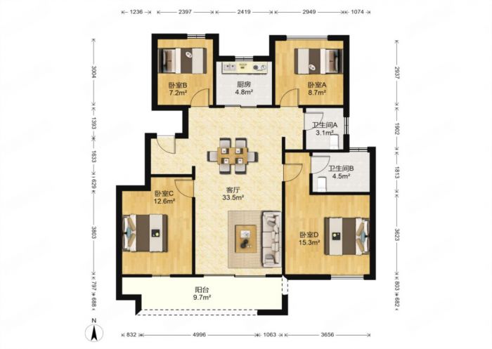 雍锦澜湾 3室2厅1卫 114m&sup2;