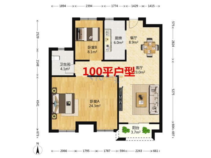 保利香槟国际 2室2厅1卫 100m&sup2;