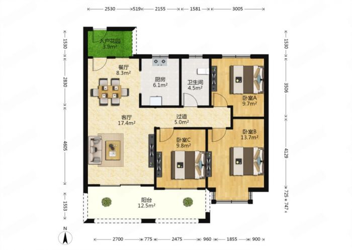 华强城 3室2厅1卫 107m&sup2;