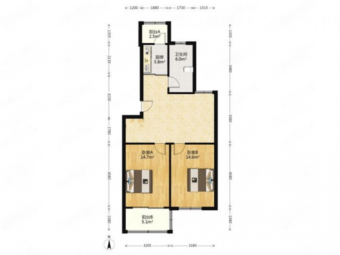 城山花园 2室1厅1卫 77.1m&sup2;