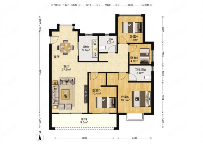 时光漫城 4室2厅2卫 125m&sup2;
