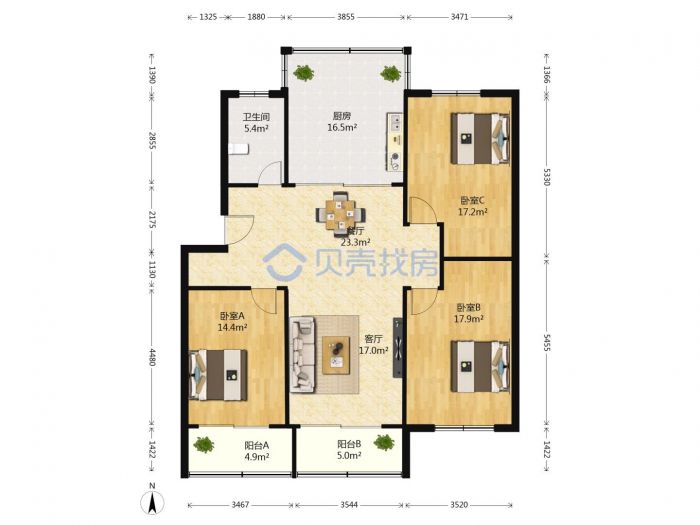天山花苑 3室2厅1卫 133m&sup2;