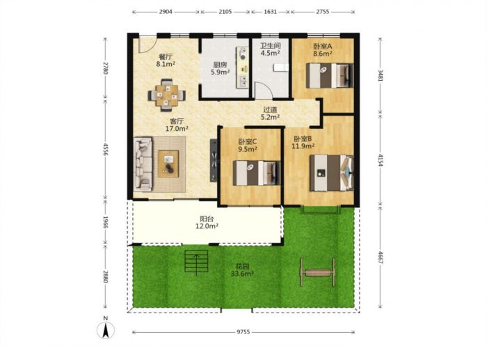 华强城 3室2厅1卫 108m&sup2;