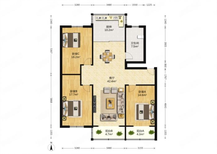滨河东城 3室2厅2卫 137m&sup2;