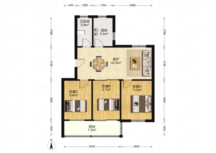 南川园 3室1厅1卫 88m&sup2;