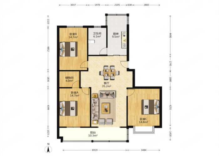 怡园北村 3室2厅1卫 123.83m²