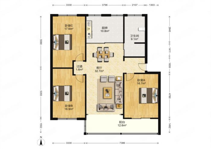 虹桥北村 3室1厅1卫 133m&sup2;