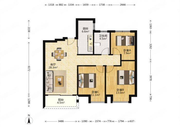 中海碧林湾 3室1厅1卫 97m&sup2;