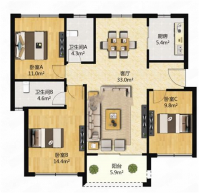 南通雅居乐花园 3室2厅2卫 127m&sup2;