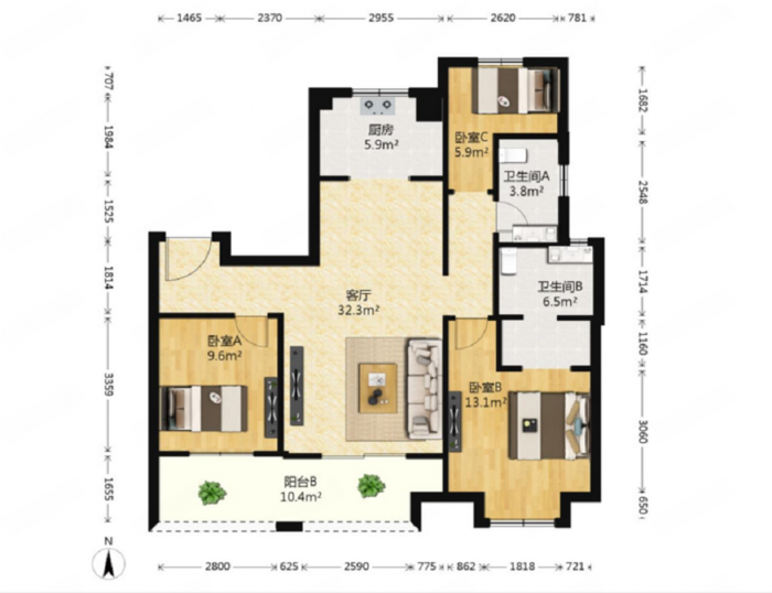 世茂新界 3室2厅2卫 123.00m&sup2;
